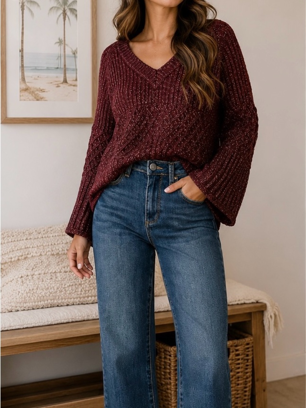 Cabi Burgundy Marled Cable Knit Sweater | Size Small - Picture 2 of 6